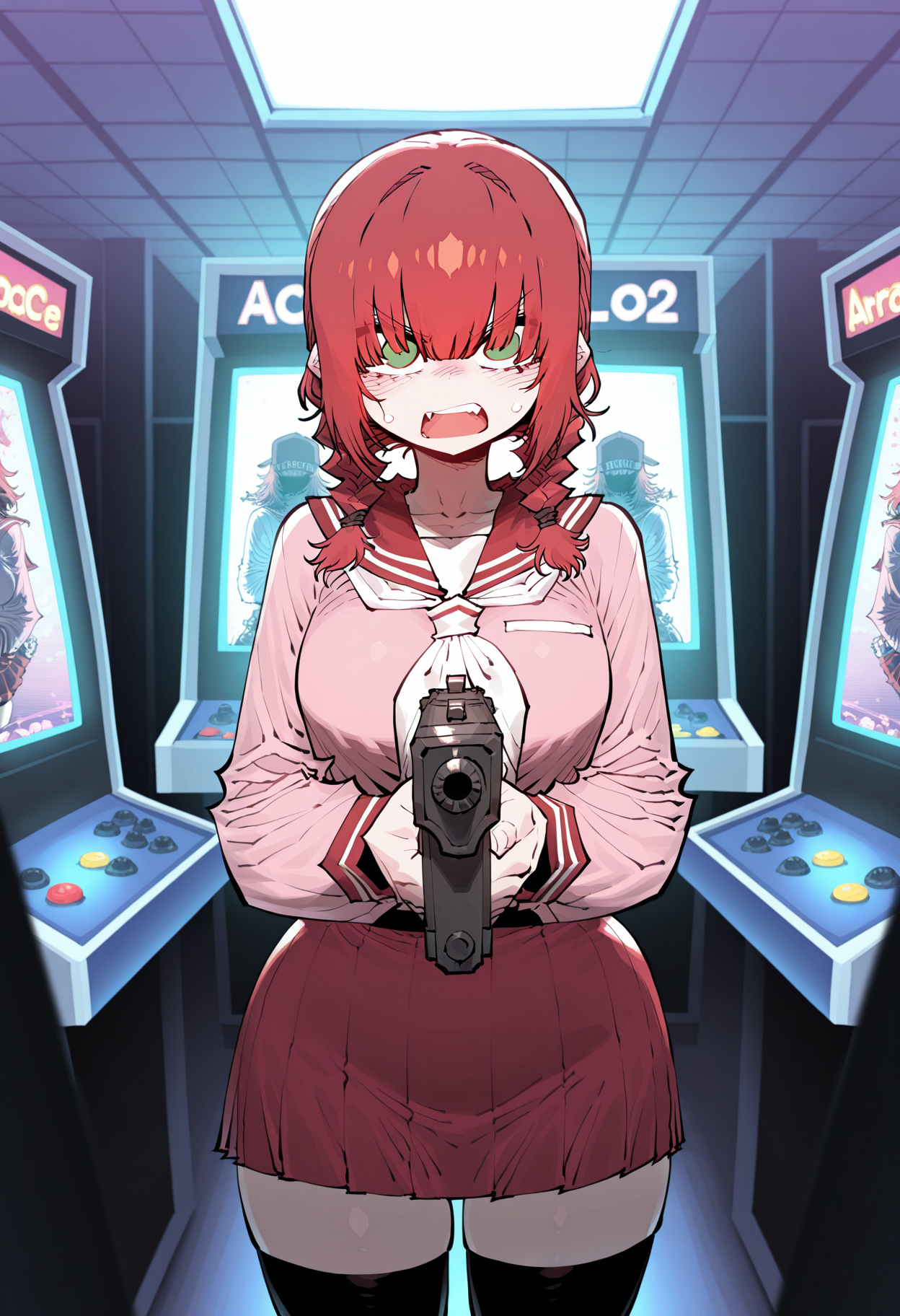 solo,
1girl, green eyes, odd eyes , red hair, medium hair , twin braids, hair over eyes, covered eyes, blunt bangs, breasts,
red skirt, red sailor collar, long sleeves, serafuku, pleated skirt,thighhighs, pink shirt,
holding gun, looking at viewer, open mouth, blush, angry,
cowboy shot, arcade hall, crowded,
<lora:SSAMBAteaIL-style:1>, ssambatea,masterpiece,best quality,amazing quality,