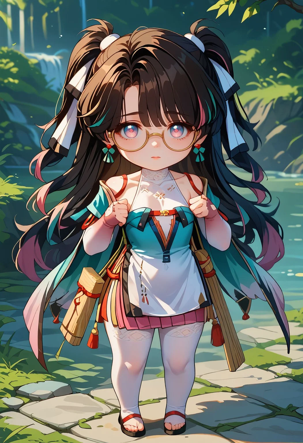 score_9,score_8_up,core_7_up, <lora:zhezhi_wuwa_pdxl_goofy:1>zhezhi-wuwa, 1girl, solo, long hair, glasses, looking at viewer, multicolored hair, full body, bangs, earrings,chibi , > <,