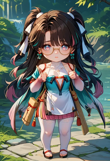 score_9,score_8_up,core_7_up, <lora:zhezhi_wuwa_pdxl_goofy:1>zhezhi-wuwa, 1girl, solo, long hair, glasses, looking at viewer, multicolored hair, full body, bangs, earrings,chibi , > <,