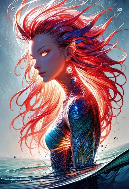 (score_9, score_8_up), score_7_up, zPDXL, solo, <lora:MythAnim3Style:0.8>, MythAn1m3, source_anime, 1girl, mermaid, dark mysterious backgroud, Iridescent eyes, aquatic scene, dreamlike atmosphere, mystical, ethereal light, detailed textures, whimsical, rippling, dripping, water element, very long cascading hair, water, very beautiful, sexy, sexy body, beautiful body, scales, wet body, Iridescent scales, bubbles, water drops, Iridescent skin, multi colored eyes, partially underwater shot, watce, bioluminescent skin, bioluminescent, glowing, bioluminescent scales, bioluminescent hair, FastNegativeV2, laser light clothes, submerged breast, water line on lense, view from under water, light hair