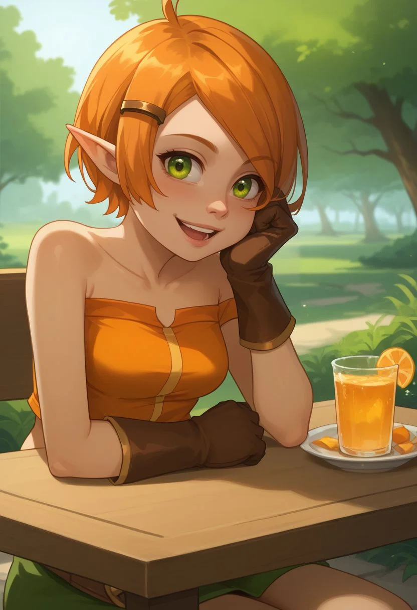 score_9, score_8_up, score_7_up, source_anime, 1girl, cradef, small breasts, green eyes, orange hair, short hair, pointy ears, hairclip, hair ornament, bare shoulders, orange crop top, midriff, navel, brown gloves, belt, green skirt, boots, brown footwear, sitting, on chair, table, head rest, elbow rest, smile, open mouth, looking at viewer, outdoors, portrait, close-up, upper body, facing viewer, <lora:Cra_v1-000010:1>