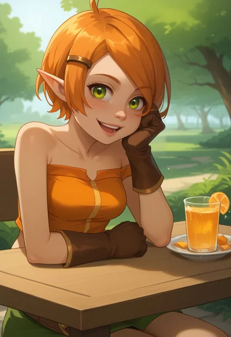 score_9, score_8_up, score_7_up, source_anime, 1girl, cradef, small breasts, green eyes, orange hair, short hair, pointy ears, hairclip, hair ornament, bare shoulders, orange crop top, midriff, navel, brown gloves, belt, green skirt, boots, brown footwear, sitting, on chair, table, head rest, elbow rest, smile, open mouth, looking at viewer, outdoors, portrait, close-up, upper body, facing viewer, <lora:Cra_v1-000010:1>