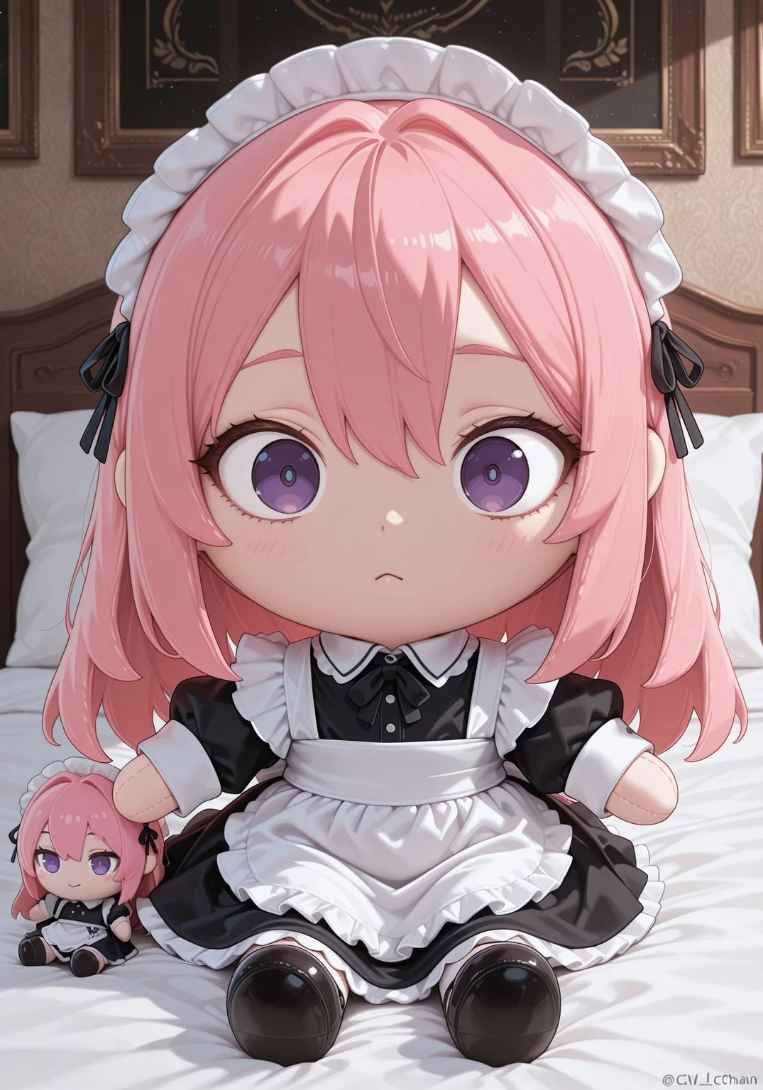masterpiece, best quality, amazing quality, solo, aged up, CivChan, purple eyes,pink hair, maid outfit, on bed, character doll, chibi, sitting