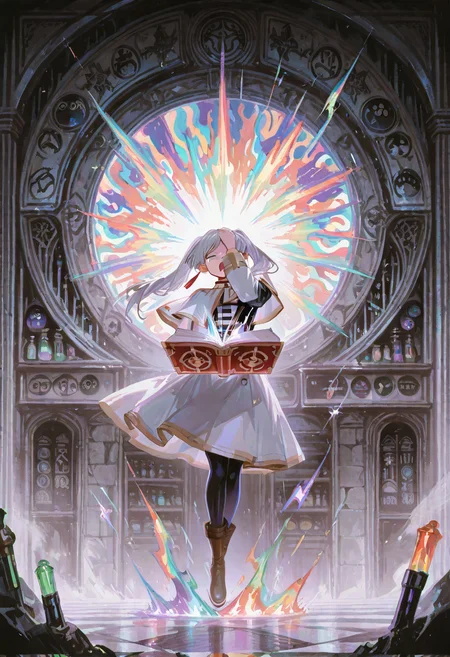 frieren_(sousou_no_frieren), 1girl, solo, wide_eyes, open_mouth, shocked_expression, magic_mishap, floating_cabbages, dancing_brooms, rainbow_flames, chaotic_background, comic_style, visual_pun, spellbook_panic, potion_explosion, static_hair, exaggerated_expression, facepalm_emoji, question_marks, sparkle_effects, absurdres, masterpiece, best_quality, highres
 <lora:people's_work:1> <lora:USNR STYLE_XL_lokr:1>