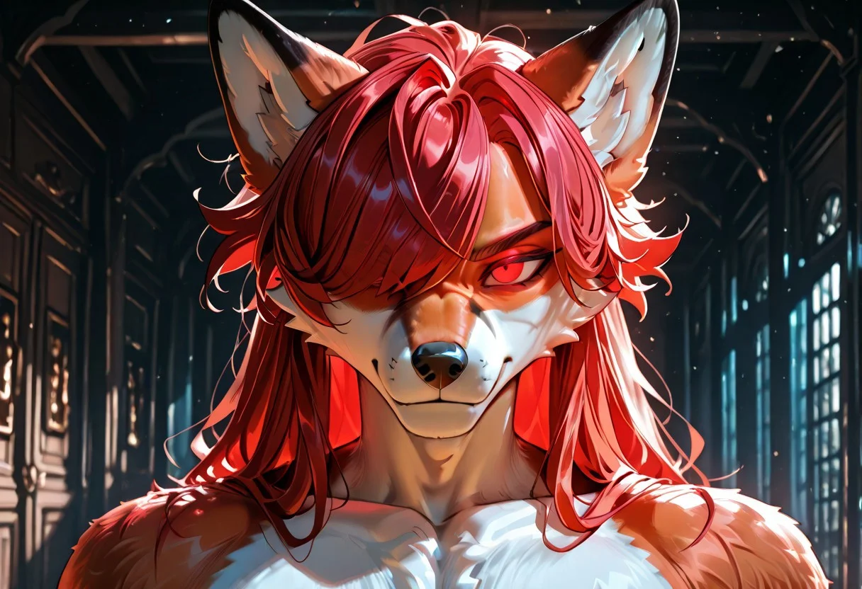 4k, 8k, Perfect eyes details, quality of details, 1men furry men red fox, masculine gender, red eyes (short red hair), Shoulder-length layered hair, slightly messy, side-swept bangs over one eye