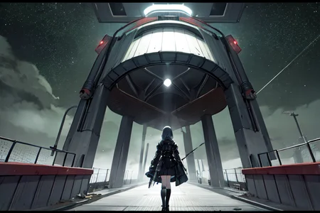 highly insanely detailed, masterpiece, top quality, best quality, highres, 4k, 8k, RAW photo, (very aesthetic, beautiful and aesthetic),
tsutomu nihei,nihei_tsutomu,blame!,blame gakuen!,abara,TNstyle,sidonia_no_kishi,concrete walls,metal walls,bridge,machinery,wire,letterboxed,ventilation fan,ventilation shaft,dome,lantern,cables,tubes,industrial pipes,fence,star \(sky\),starry sky,gauna,gauna mech,toha heavy industries,walkway,dark sky,black sky,foggy,fog,mist,smoke,steam,drainpipe,clouds,light particles,
<lora:blameLora_v10:0>,
(1girl:1.3),
solo focus,
(pure green background,transparent background:1.2),âââ