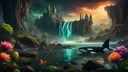 Hyperrealistic art A dark and atmospheric scene inspired by H.P. Lovecraft's "The Call of Cthulhu." In the foreground, the ancient, crumbling city of R'lyeh rises from the depths of the ocean, with its non-Euclidean architecture and impossible angles, covered in seaweed and strange, glowing algae. Towering above the city, the monstrous figure of Cthulhu emerges from the water, his grotesque, squid-like head with writhing tentacles, and massive bat-like wings casting a shadow over the landscape. His eyes glow with a malevolent, otherworldly intelligence. The sky is dark and stormy, with lightning illuminating the chaotic, nightmarish scene. Jagged rocks and towering waves crash around the city, adding to the sense of impending doom. The background features a turbulent ocean and a chaotic, swirling sky filled with dark clouds and flashes of lightning. The atmosphere is filled with a sense of cosmic dread and horror, capturing the terrifying and unfathomable nature of Lovecraft's universe. The overall style is highly detailed and realistic, emphasizing the ancient, alien nature of R'lyeh and the monstrous presence of Cthulhu.
<lora:Enhanced_XL_V1:0.8> enhanced, Hyperrealistic art Hyperrealistic art A stargate bustling futuristic cityscape, floating in post-nuclear war destroyed world with nuclear fallout, creating a juxtaposition between advanced technology and human greed, complete with hyperrealistic detail, cinematic lighting and vibrant colors <lora:world_glass:1>, dynamic, cinematic, masterpiece, intricate, hdr, . Extremely high-resolution detail, photographic, realism taken to the extreme, fine texture, incredibly lifelike . Extremely high-resolution details, photographic, realism pushed to extreme, fine texture, incredibly lifelike, RAW Proffesional Photography of a landscape, Long shot, __Kamera__, (comet:0.1), (flowers:0.1), (water lilies:0.1), (insects:0.1), (animals:0.1), (birds:0.1), (waterfall:0.1), (Fish in water:0.1),(Tundra:0.1), (Desert:0.1), (Rainforest:0.1), (Mountains:0.1), ( Frontal fog:0.1), (Waves:0.1), (Stars:0.1), Sunny, psychedelic, entropy, shallow depth of field detailed background, dark noir style, HDR, RAW, ray tracing reflections, sharp focus, ultra realistic, 12k <lora:add-detail-xl:1>, cinematic photo, a extreme deep underwater world in which occasionally (full body view of a Orca:2.0), coral reefs, algae, underwater plants, colorful fish, The scene features clear water with (random time of day, random weather:1.3), love and entropy are depicted throughout the scene, with mini insects and microcosms complementing the detailed background, HDR, RAW, ray-traced reflections, sharp focus and ultra-realistic detail, 35mm photograph, film, bokeh, professional, 4k, highly detailed
<lora:SDXLHighDetail_v5:1> <lora:more_details:1>, nsfw, Raw poster, concept art, landscape, psychedelic, Raw poster, concept art, landscape, psychedelic, depicting a two-part scenario of the same scene: in the upper half, a dark magic ocean lonely islands with palms, coconut trees, waterfalls, flowers, insects, birds, where dolphins play in the waves and the occasional shark fin breaks the surface; transitioning seamlessly into the lower half, a microcosm of an very deep and very dark underwater world with (colorful fish, mystical lights, coral reefs, seaweed, underwater plants:1.3), and occasional (orcas:0.9) and sharks gliding through the depths., foggy, random weather, random daytime, (love:1.3), (spring saeson in the ball:1.3), entropy, (mini insect:0.1), shallow depth of field detailed background, sunshaft, surreal, dark noir style, HDR, RAW, ray tracing reflections, sharp focus, ultra realistic, 12k
<lora:dreamcolor:0.3> <lora:EDG_-_Test_Lora:0.3> <lora:more_details:0.3>, Raw poster, concept art, landscape, psychedelic, Cloudy,Twilight, Crescent moonlight,beautiful waterfall in the middle of a forest, swiss landscapes, (love:1.1), Ice fog, entropy, (mini insect:0.1), (shallow depth of field detailed background:1.2), dark noir style, HDR, ray tracing reflections, sharp focus, ultra realistic, 12k <lora:add-detail-xl:1><lora:LowRA:1> <lora:more_details:1> ,m0nst3rfy3 <lora:m0nst3rfy3(0.5-1)M:1>, <lora:SDXLHighDetail_v5:1> . Extremely high-resolution details, photographic, realism pushed to extreme, fine texture, incredibly lifelike