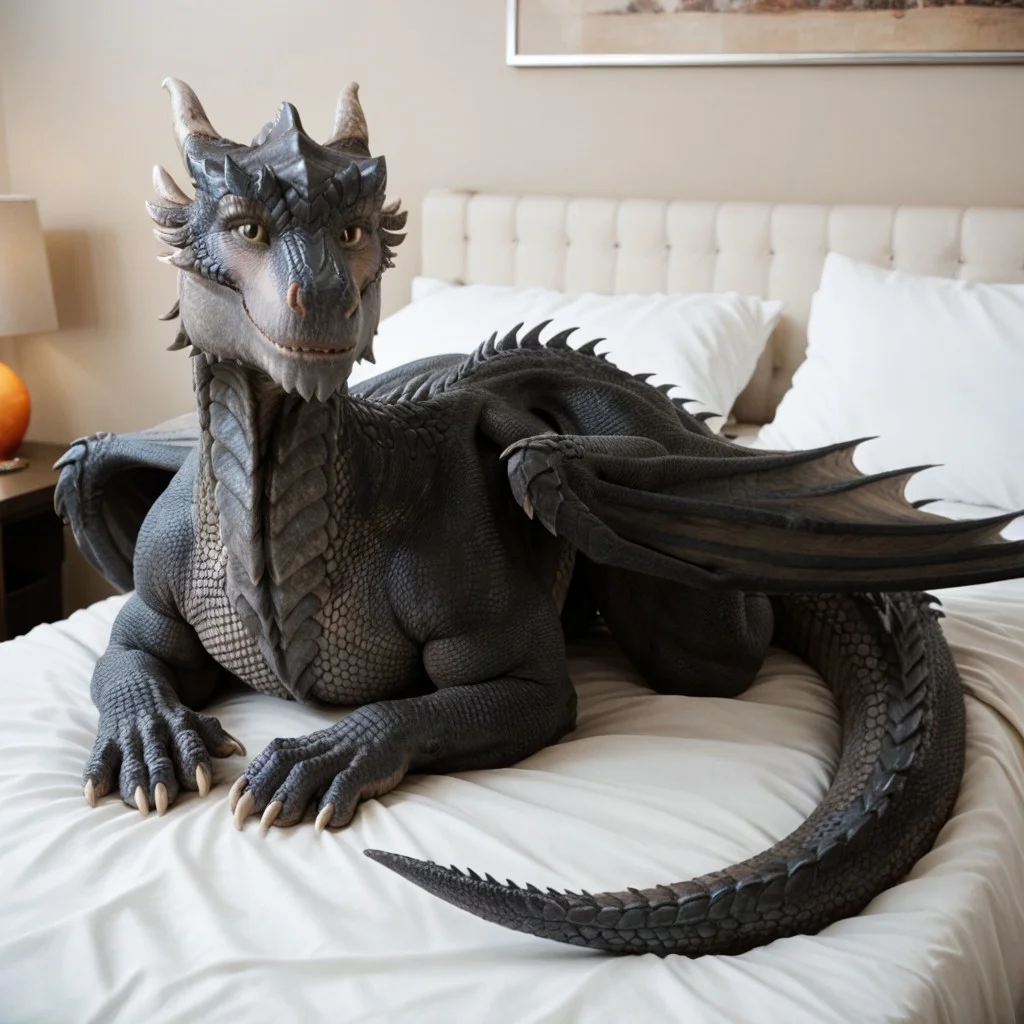 score_9, score_8_up, score_7_up, score_6_up, score_5_up, score_4_up, masterpiece, high quality, realistic, detailed, best quality, white bed, solo, rating_safe, source_furry, bedroom, smiling, seductive pose, lying on belly, looking at viewer, on bed, full body, drago_dh, dragon, gray scales, wings, horns, tail, claws, male, 1boy, hazel eyes, feral