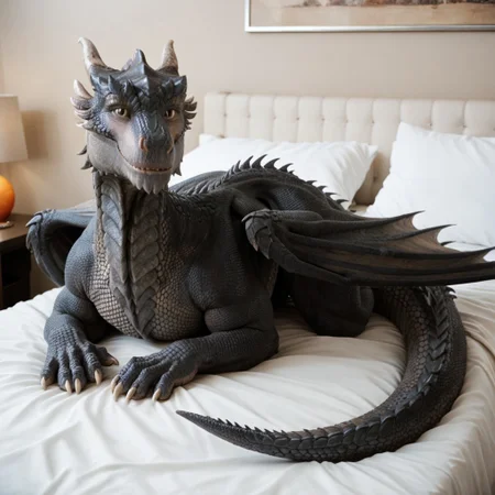 score_9, score_8_up, score_7_up, score_6_up, score_5_up, score_4_up, masterpiece, high quality, realistic, detailed, best quality, white bed, solo, rating_safe, source_furry, bedroom, smiling, seductive pose, lying on belly, looking at viewer, on bed, full body, drago_dh, dragon, gray scales, wings, horns, tail, claws, male, 1boy, hazel eyes, feral