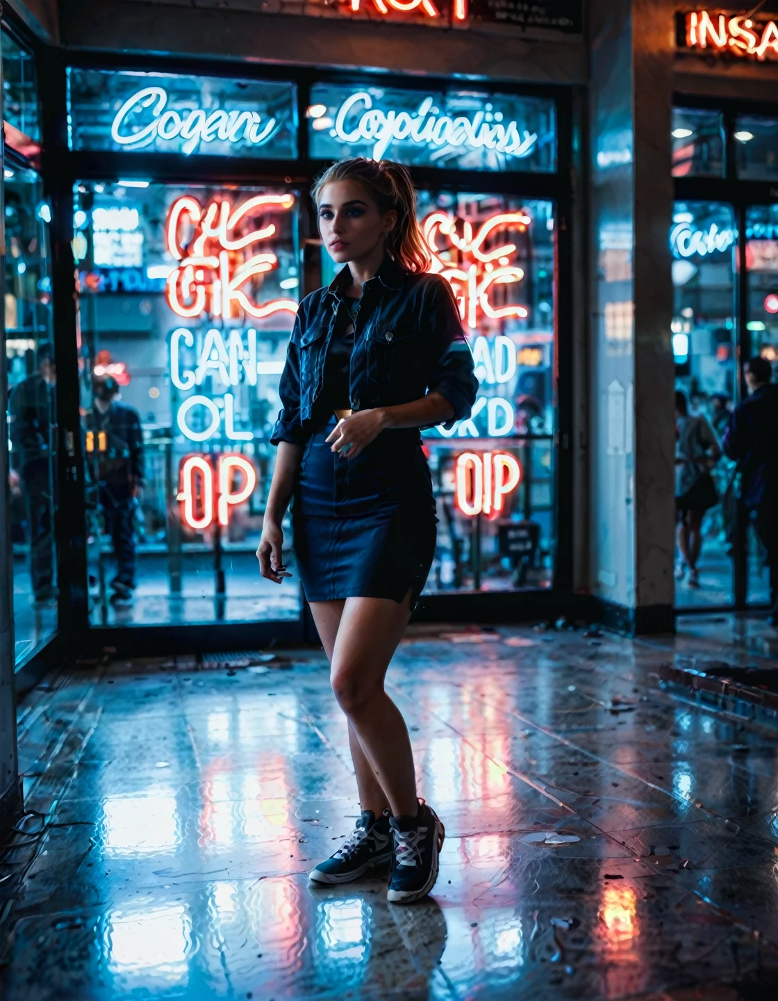 (real life, cinematic, 1girl, cute, gorgeous blonde white 18yo girl, ponytail, alluring face, sexy, makeup, (wide hips, big ass), pencil skirt), dynamic pose, score_7_up, score_8_up, score_9_up, detailed beautiful futuristic cityscape, bloom, rim lighting, <lora:Beautiful face_alpha1.0_rank4_noxattn_last:.78>, <lora:Neon_Scene:0.88> neonscene, reflection, glowing, neon light everywhere, neon lights, neon light streaks, darkness, noise offset, wet ground, light reflection