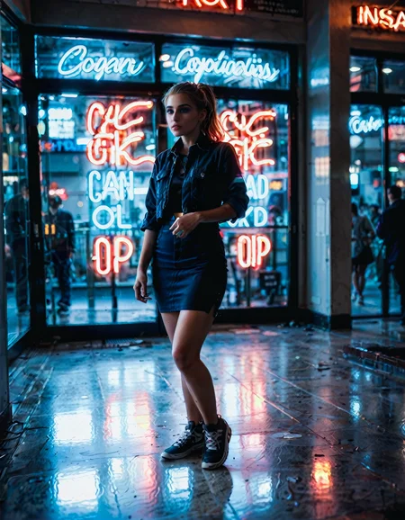 (real life, cinematic, 1girl, cute, gorgeous blonde white 18yo girl, ponytail, alluring face, sexy, makeup, (wide hips, big ass), pencil skirt), dynamic pose, score_7_up, score_8_up, score_9_up, detailed beautiful futuristic cityscape, bloom, rim lighting, <lora:Beautiful face_alpha1.0_rank4_noxattn_last:.78>, <lora:Neon_Scene:0.88> neonscene, reflection, glowing, neon light everywhere, neon lights, neon light streaks, darkness, noise offset, wet ground, light reflection