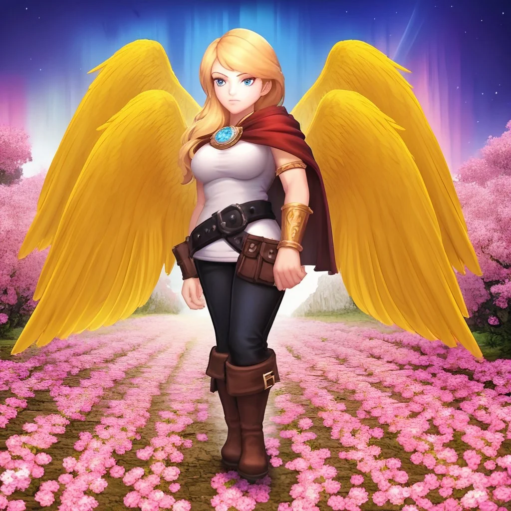 Score_9, Score_8, Score_7up, golden wings, FUSIONOFSTEEL, weapon, belt, blonde hair, solo, Blue Eyes, LordFusion, long hair, boots, cape, 1girl, busty breasts.
BEHAVIOR:
seductive pose, gold armlet, mature female, dutch angle, beautiful face, serious,  arms open, bent forward, portrait, right arm extended forward towards viewer,
BACKGROUND:
cheery tree, city, wooden bridge, pink flowers, gardens, birds. night time, aurora borealis, blue moon