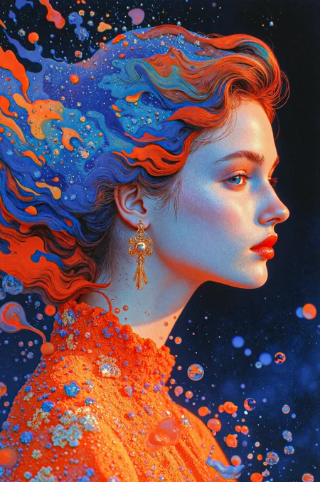 Water color painting, side-profile of a Modern Gemini constellation, it is Extraordinary and Contemplative, it is covered in Flames, Elastic flower field, at Midday, deep focus, [portrait art by Anna Dittmann: John William Waterhouse:6], 70s Art, <lora:aidmaMJ6.1_v0.3:1>,<lora:FLUX-Vintage_Abstract_Film:0.4>,<lora:flux_realism_lora:0.2>,<lora:flux.1_lora_flyway_Epic-detail_v2:0.4>, illustrious, fertile, ambient illumination, creative, dramatic