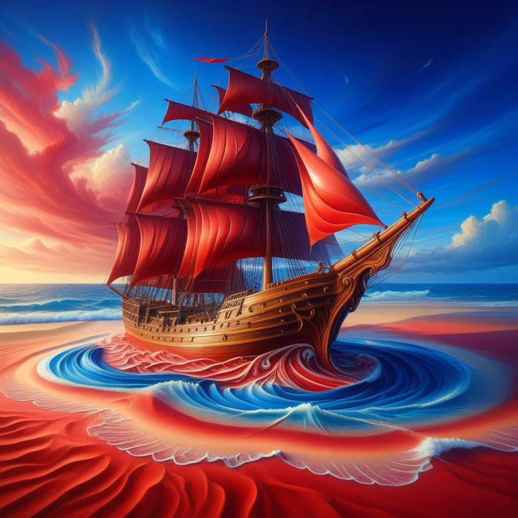 sfw, art style, ,masterpiece,(best quality),extremely detailed , sailing ship in the ocean made of red and blue sandswirl, detailed, anime, realistic, detailed,, (masterpiece, high detail, best quality), fantasy, sandswirl, swirling sand<lora:challenge\SandSwirlLoRa.safetensors:1.0:1.0>