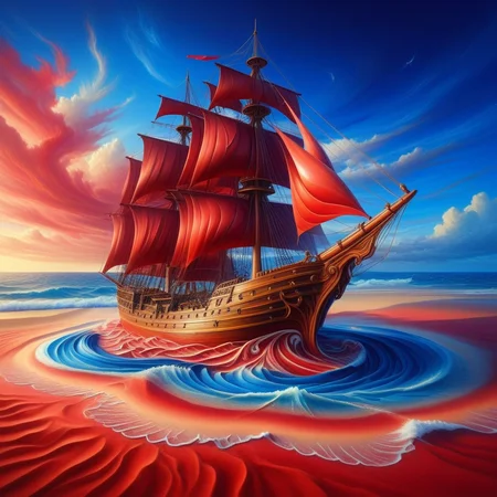 sfw, art style, ,masterpiece,(best quality),extremely detailed , sailing ship in the ocean made of red and blue sandswirl, detailed, anime, realistic, detailed,, (masterpiece, high detail, best quality), fantasy, sandswirl, swirling sand<lora:challenge\SandSwirlLoRa.safetensors:1.0:1.0>