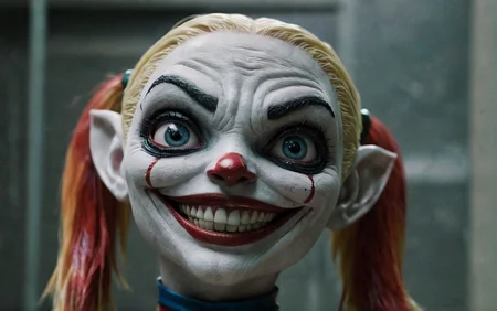 gritty smiling alien harley quinn species head close-up, highly detailed, clean <lora:alien-species:1>