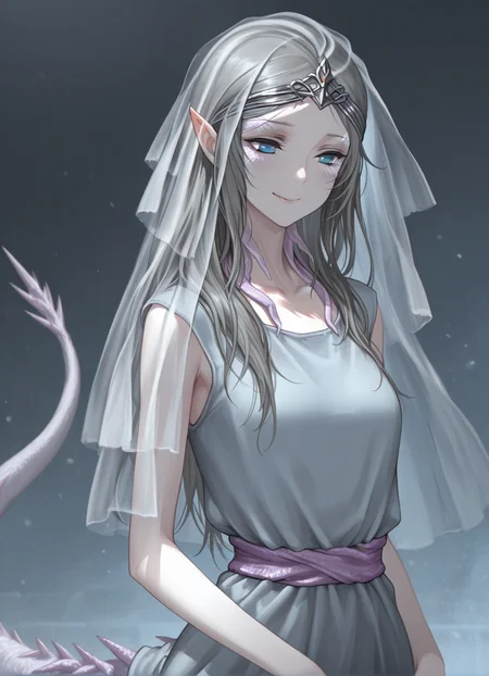masterpiece, best quality,1girl,upper body, yorshka, solo, long hair, blue eyes, dress, pointy ears,standing, smile, veil,tail, <lora:Yorshka:1>