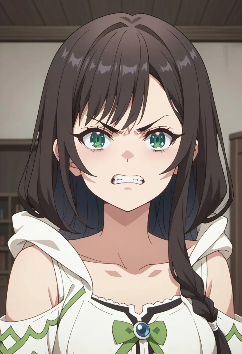 score_9, score_8_up, score_7_up, source_anime, clover alina, dark brown hair, green eyes, long hair, 1girl, solo, teeth, clenched teeth, looking at viewer, angry, indoors, anime coloring, v-shaped eyebrows, collarbone, hood, bare shoulders, ribbon