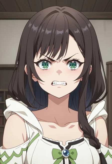 score_9, score_8_up, score_7_up, source_anime, clover alina, dark brown hair, green eyes, long hair, 1girl, solo, teeth, clenched teeth, looking at viewer, angry, indoors, anime coloring, v-shaped eyebrows, collarbone, hood, bare shoulders, ribbon