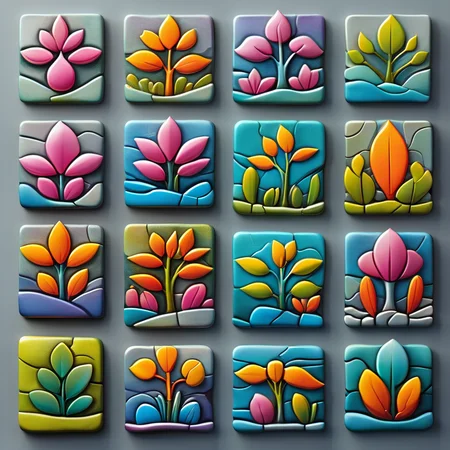 <lora:artfullyTILES_SDXL_V1:0.7>,icon collection arranged in a grid of a set of different colored,abstract colorful orchids,landscapes set set,bright glazes,ceramic,decorative relief,iconographic motifs,icons set isolated on grey background c,in the style of tactile textured paintings,luminous 3d objects,opaque resin panels,organic stone carvings,rounded forms,surrealistic ceramic sculptures,tonal colors,vibrant color blocks,vibrant fantasy landscapes,hyper-detailed illustrations,colorful biomorphic forms,