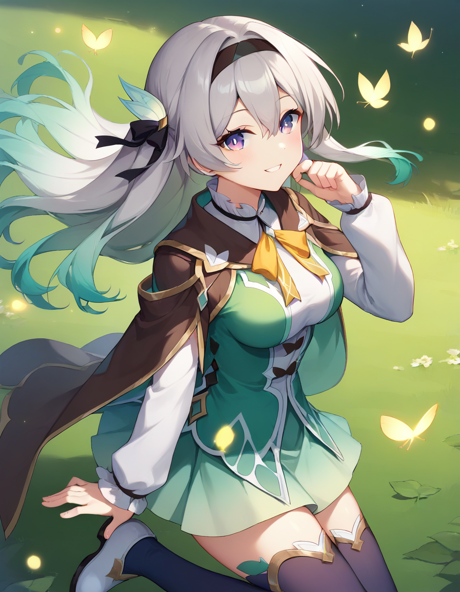 score_9,score_8_up,score_7_up,score_6_up BREAK official art,solo,outdoors,cheek-to-cheek,looking at viewer,facing viewer,smile,Firefly,long hair,grey hair,gradient hair,multicolored hair,floating hair,black hairband,hair ribbon,black ribbon,hair intakes,leaf hair ornament,hair between eyes,parted bangs,purple eyes,black cape,neck ribbon,yellow ribbon,green dress,long sleeves,medium breasts,green skirt,white bow,zettai ryouiki,black thighhighs,white footwear,<lora:Firefly(hsr)-Pony:1.2>,<lora:Smooth Anime Style LoRA XL:0.8>,