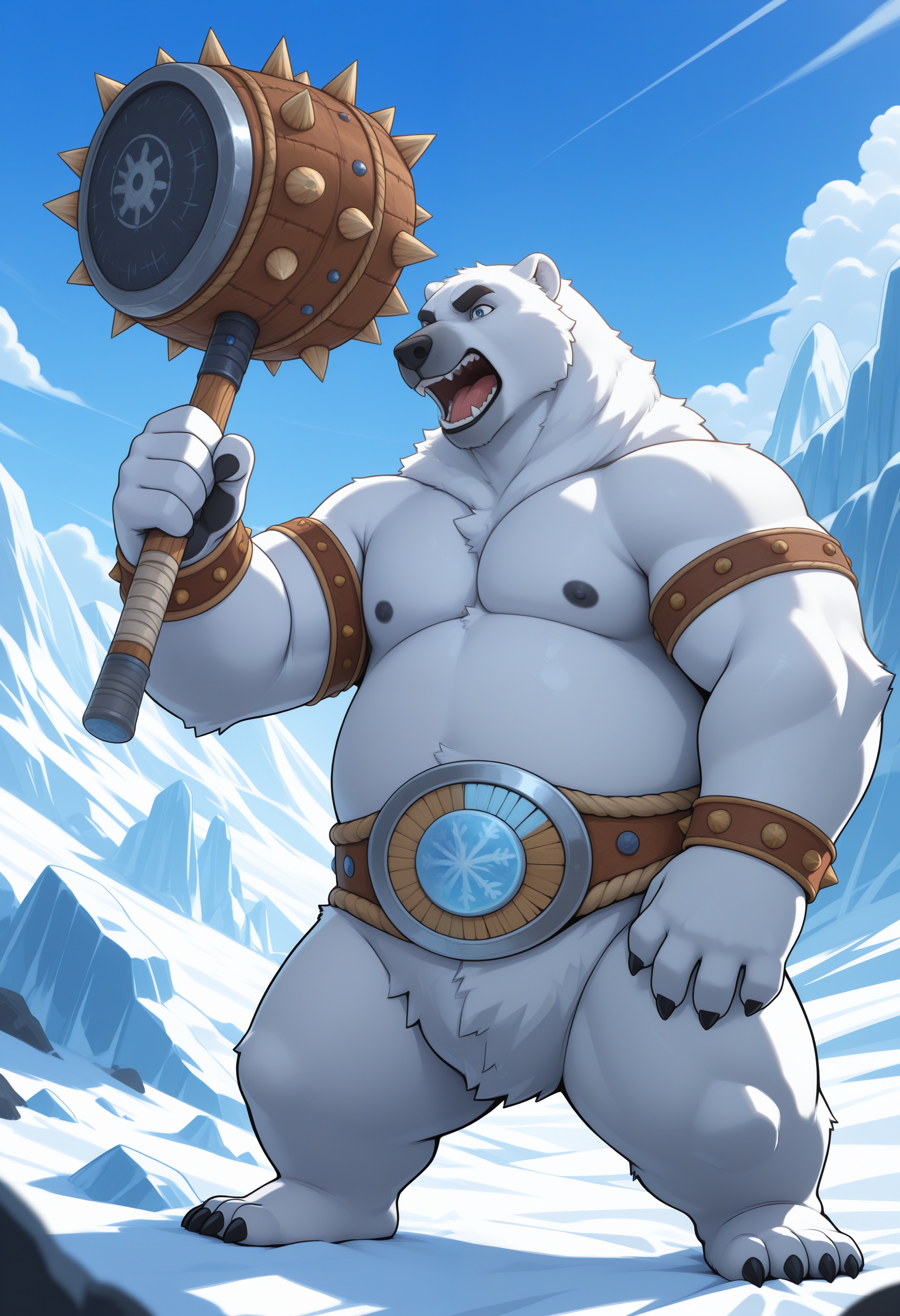masterpiece,best quality, amazing quality,1boy, solo, b4sh, bear boy, belt, spiked bracelet,spiked hammer, outside, glacier