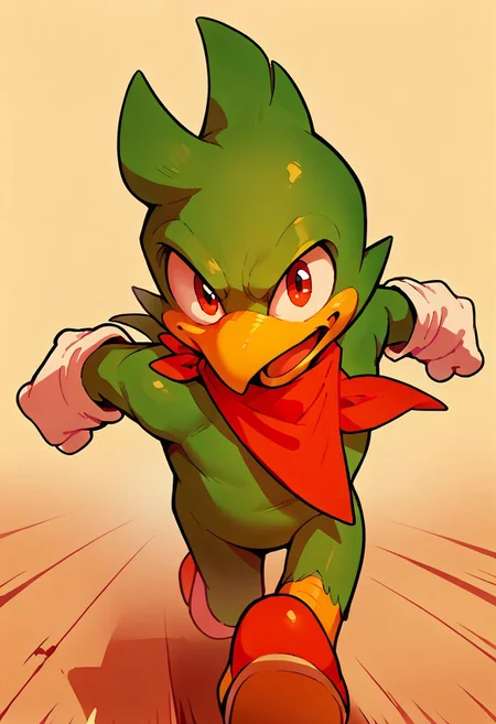 score_9, score_8, score_7, score_6, 1man, solo, furry, anthro, anthro bird, source_cartoon, Bean the Dynamite, red neckerchief, green skin, simple background, upper body, portrait, looking at viewer, white gloves, open mouth, bottomless, featureless chest, dynamic, running,