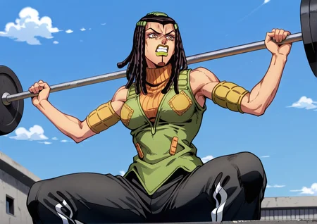(jojo:0.4), 3rme5, 1girl, ermes costello, dreadlocks, green lipstick, angry expression, grit teeth, sleeveless, orange turtleneck sweater, green jacket, black sports trackpants, upper body, \(jojo\), <lora:Jojos_Bizarre_Adventure_Ermes_Costello_-_IL:0.7>, outdoors, blue sky, clouds, in a prison yard, sitting on gym equipment, hands raised, lifting weights, muscular