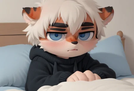 ((milkytiger)), white hair, blue eyes, tiger, furry, black sweater, gray shorts, 1boy, solo, sitting, in bed, shy, blush