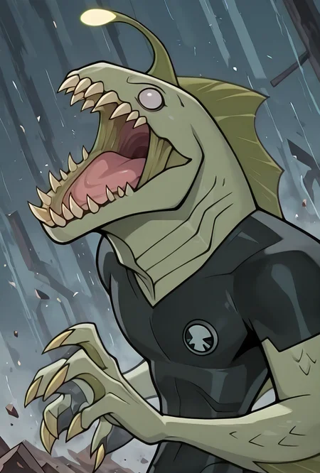 <lora:ripjaws-08:1> ripjaws, sharp teeth, solo, claws, 1boy, light green skin, no humans, shockwaves, concentric rings, debris, upper body, open mouth, <lora:Total_Drama_Island_Illustrious_SD8:1>, masterpiece, best quality, amazing quality, very aesthetic, absurdres, newest,