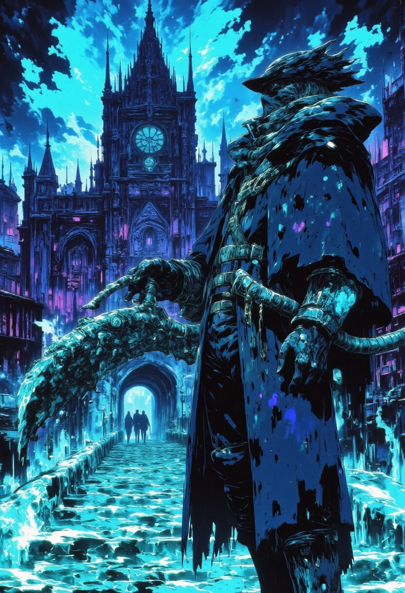AmanoER, The Hunter a character from Bloodborne is featured in a digital painting in a dark fantasy style depicting a nighttime gothic scene. The central focus is a grand, Gothic-style, ornate cathedral with intricate, pointed arches, spires, and stained glass windows. The gothic cathedral has a glowing aura of ethereal white-blue light.
In the foreground, The Hunter a character from Bloodborne stands on a weathered cobblestone path leading to the cathedral. He is dressed in a long, dark coat, black pants, long gloves, and boots. He holds a glowing Hunters weapon in his hand, and his face is obscured by a dark wide-brimmed hat and scarf, giving him a mysterious and ominous appearance. The Hunter is a tall, imposing figure. His presence is menacing and commanding.
The background includes a faint, misty silhouette of a city with tall, spire-like, gothic buildings, adding to the eerie atmosphere. The overall color palette is dominated by cool blues and purples, dark blues and blacks, with occasional bright, glowing accents from the cathedral and the figures' swords, enhancing the cold, mystical feel of the scene.
the eerie white-blue light is for the vibrant background and for splatters, with additional splatters of black, purple, and dark blue, evoking a sense of chaos and intensity,The Hunter, The Hunter a character from bloodborne, CAICO