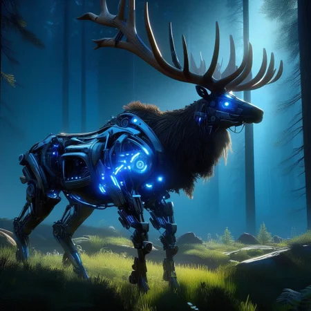 Full metal robot, non- humanoid robt, scifi, (Ultra Realistic:1.0),32k,(Masterpiece:1.0),(High Detailed Skin:1.0),( High Quality:1.0), (Detailed Realistic Background:1.3), (Official Art, Beautiful and Aesthetic:1.2), (Realistic Lighting:1.0), glowing, day, science fiction, nature, grass, deer, scenery, mountain, non-humanoid robot, forest, "Majestic, machine-like elk in sunlit forest. Metallic plating, sleek mechanical musculature, antlers with glowing blue energy. Horizon Zero Dawn-inspired inspection. Smaller, agile machine animal scans elk. Glowing sensors, precise movements. Analyzing joints, exposed wiring, hydraulics. Soft mechanical clicks, scanning blue lights. Cinematic lighting, sunbeams through trees. Calm yet epic atmosphere, blending nature and technology. Elk still, responding subtly to inspection. Futuristic, detailed design, evokes Horizon Zero Dawn style."
