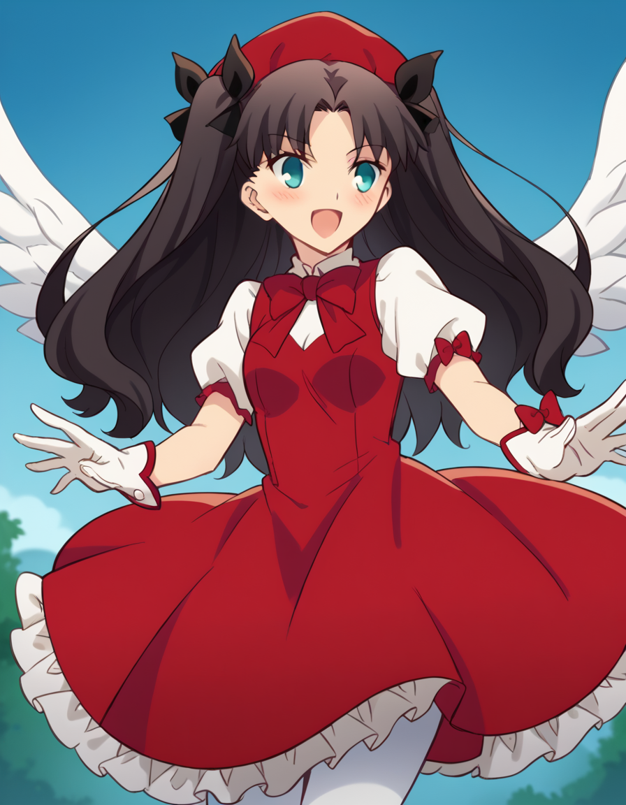 score_9, score_8_up, score_7_up, source_anime, rintohsaka, <lora:rin-tohsaka-ubw-ponyxl-lora-nochekaiser:1>, rin tohsaka, aqua eyes, black hair, hair ribbon, long hair, ribbon, sidelocks, two side up, parted bangs,, <lora:sakura-kinomoto-cosplay-ponyxl-lora-nochekaiser:1>, sakurakinomotocosplay, kinomoto sakura \(cosplay\), bow, bowtie, dress, gloves, hat, magical girl, pantyhose, petticoat, ppuffy short sleeves, puffy sleeves, red bow, red bowtie, red dress, red hat, short sleeves, white gloves, white pantyhose, white wings, wings,, outdoors, open mouth, blush, smile, flying,, cowboy shot, dutch angle, solo,
