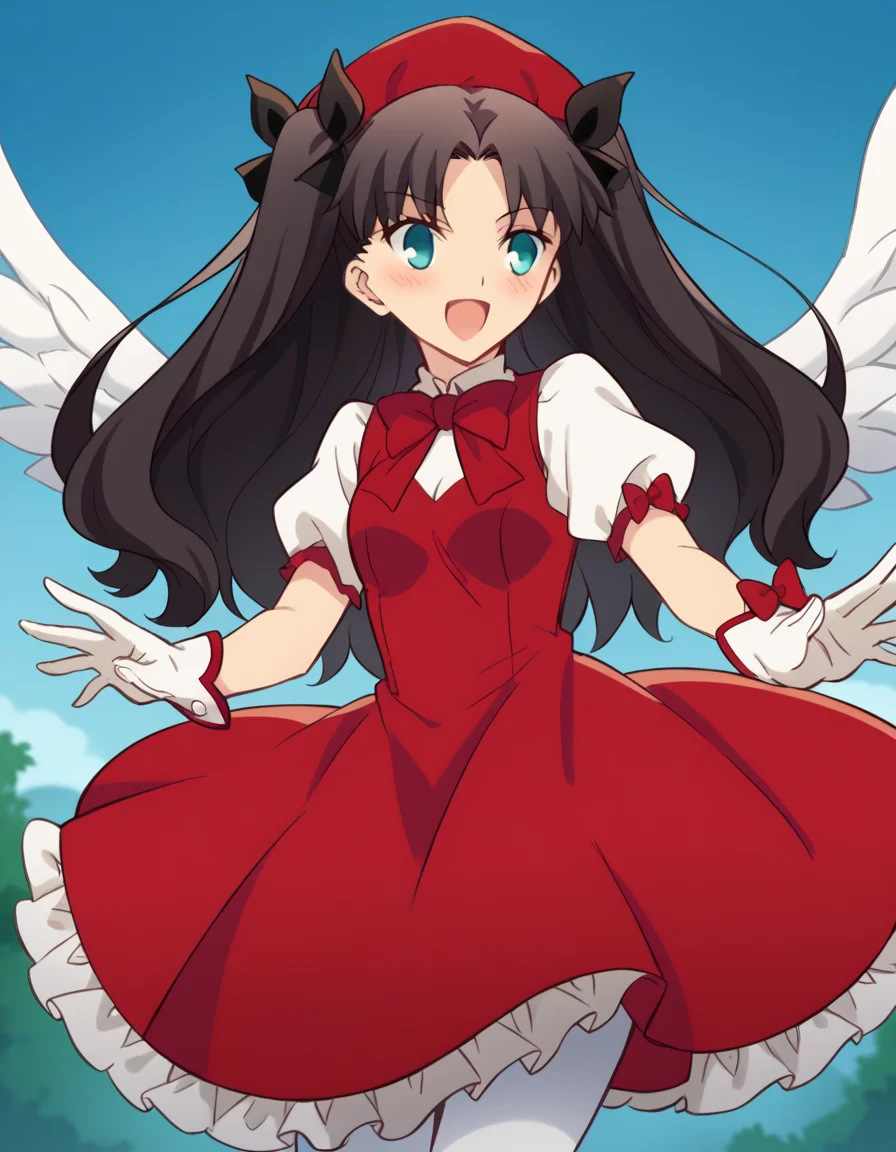 score_9, score_8_up, score_7_up, source_anime, rintohsaka, <lora:rin-tohsaka-ubw-ponyxl-lora-nochekaiser:1>, rin tohsaka, aqua eyes, black hair, hair ribbon, long hair, ribbon, sidelocks, two side up, parted bangs,, <lora:sakura-kinomoto-cosplay-ponyxl-lora-nochekaiser:1>, sakurakinomotocosplay, kinomoto sakura \(cosplay\), bow, bowtie, dress, gloves, hat, magical girl, pantyhose, petticoat, ppuffy short sleeves, puffy sleeves, red bow, red bowtie, red dress, red hat, short sleeves, white gloves, white pantyhose, white wings, wings,, outdoors, open mouth, blush, smile, flying,, cowboy shot, dutch angle, solo,