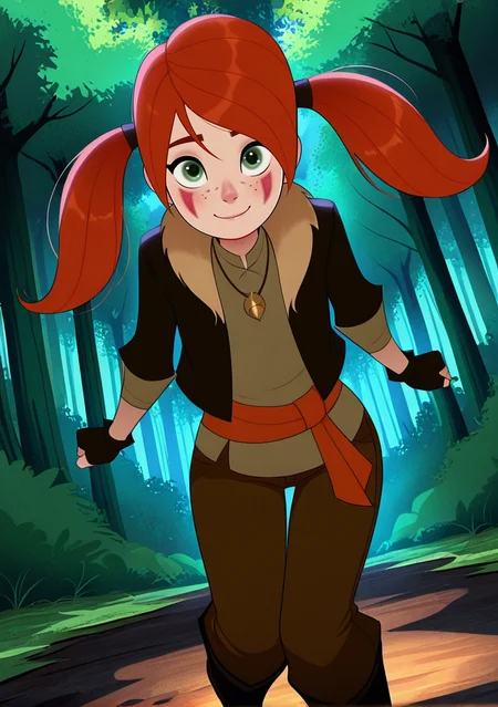 handsfree, masterpiece, best quality, amazing quality, very aesthetic, 1girl, looking at viewer, smile, dynamic pose, outdoors, forest, dynamic angle, 
<lora:Catalina_Schnitz_Red_-_Tangled_-_Illustrious:1> catalina_illus, green eyes, facial mark, freckles, red hair, twintails, necklace, fingerless gloves, boots