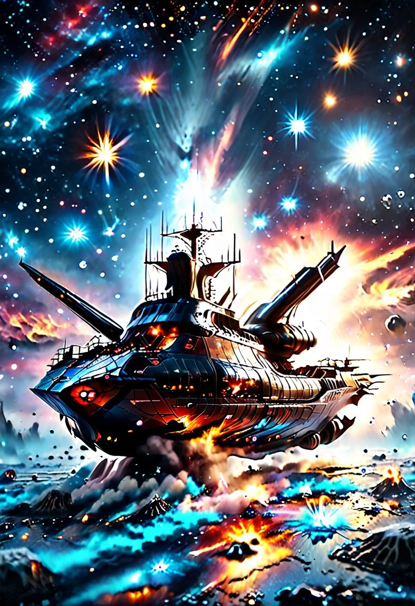 high quality, 8K Ultra HD, highly realistic, The great and sleek black ship is moving forward, blasting through space. It has powerful cannons facing forward that are unleashing powerful blue neutron beams upon an unseen foe. Embark on an enchanting 8K photorealistic journey as a magnificent starship blasts through a star system. The ship gracefully flies among other ships. The starship's design boasts advanced technological elements. The camera captures every minute detail, by VelvetS, octane render,from slightly to the side. perfectly symmetrical ship. Weapons fire blue energy beams,
<lora:DonM3t3rn1tyXL-v1.1:0.7>, DonM3t3rn1tyXL,
OverallDetailXL <lora:MJ52:0.3> <lora:SDXLFaeTastic2400:0.4>