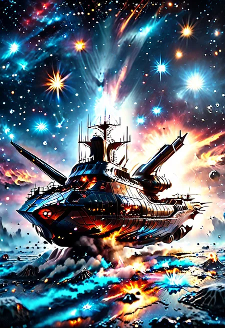 high quality, 8K Ultra HD, highly realistic, The great and sleek black ship is moving forward, blasting through space. It has powerful cannons facing forward that are unleashing powerful blue neutron beams upon an unseen foe. Embark on an enchanting 8K photorealistic journey as a magnificent starship blasts through a star system. The ship gracefully flies among other ships. The starship's design boasts advanced technological elements. The camera captures every minute detail, by VelvetS, octane render,from slightly to the side. perfectly symmetrical ship. Weapons fire blue energy beams,
<lora:DonM3t3rn1tyXL-v1.1:0.7>, DonM3t3rn1tyXL,
OverallDetailXL <lora:MJ52:0.3> <lora:SDXLFaeTastic2400:0.4>