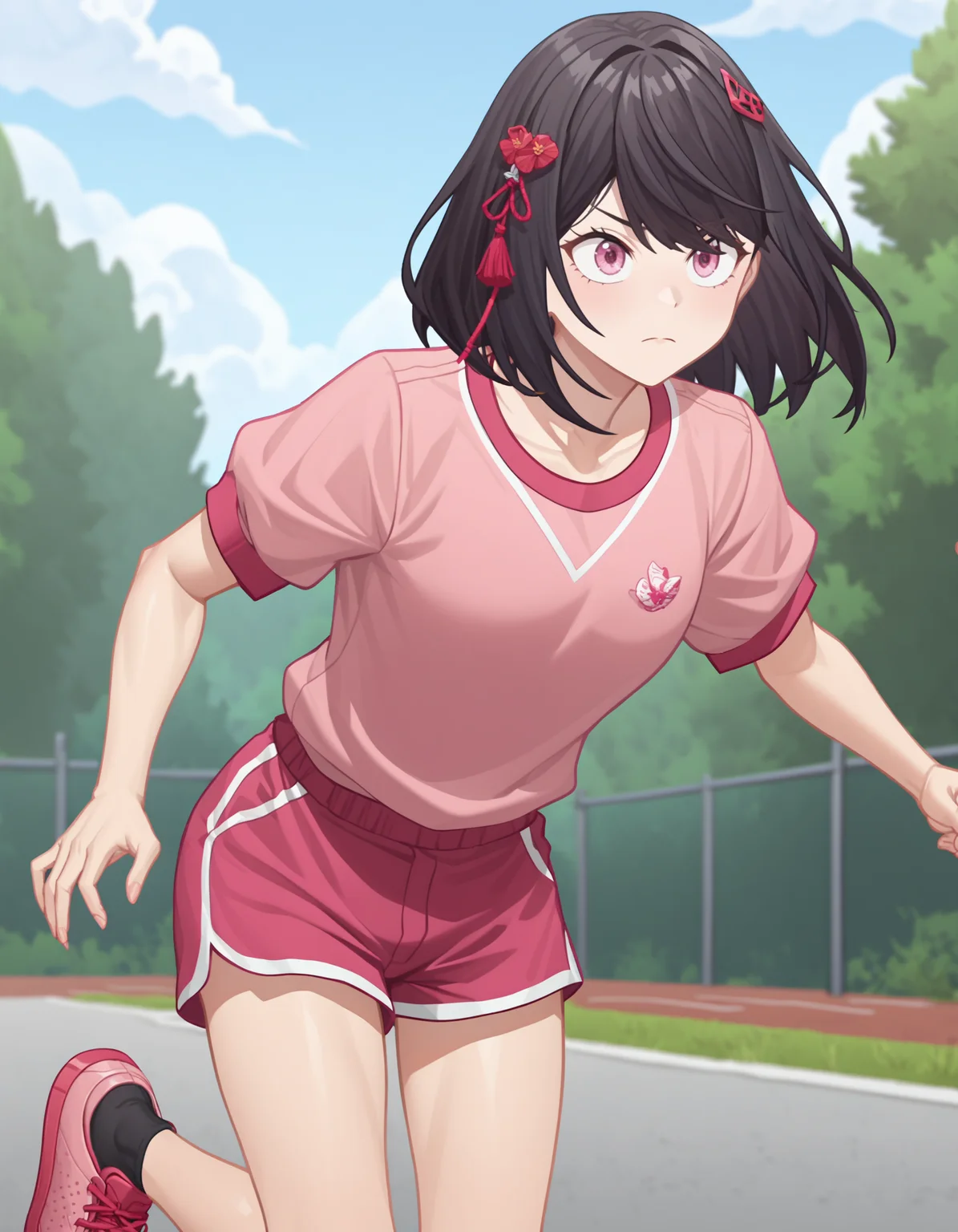 score_9,score_8_up,score_7_up,
gym_uniform,gym_shorts,leaning_forward,outdoors,school,running,
<lora:yanzhen_pony2:0.7>,glcyanzhen,1girl,solo,hair ornament,medium hair,bangs,pink eyes,black hair,<lora:Anime_Screencap:1>,anime screencap,