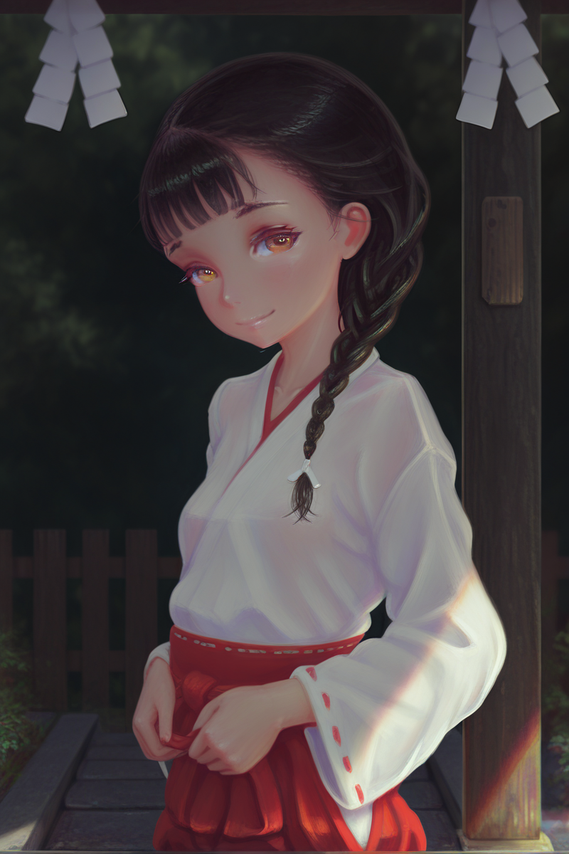 masterpiece, best quality, amazing quality,
 <lora:Ikelag_IL:1> ikelag, 1girl, solo, black hair, japanese clothes, miko, braid, outdoors, brown eyes, smile, upper body,