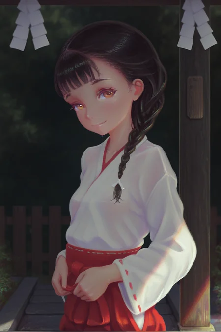 masterpiece, best quality, amazing quality,
 <lora:Ikelag_IL:1> ikelag, 1girl, solo, black hair, japanese clothes, miko, braid, outdoors, brown eyes, smile, upper body,