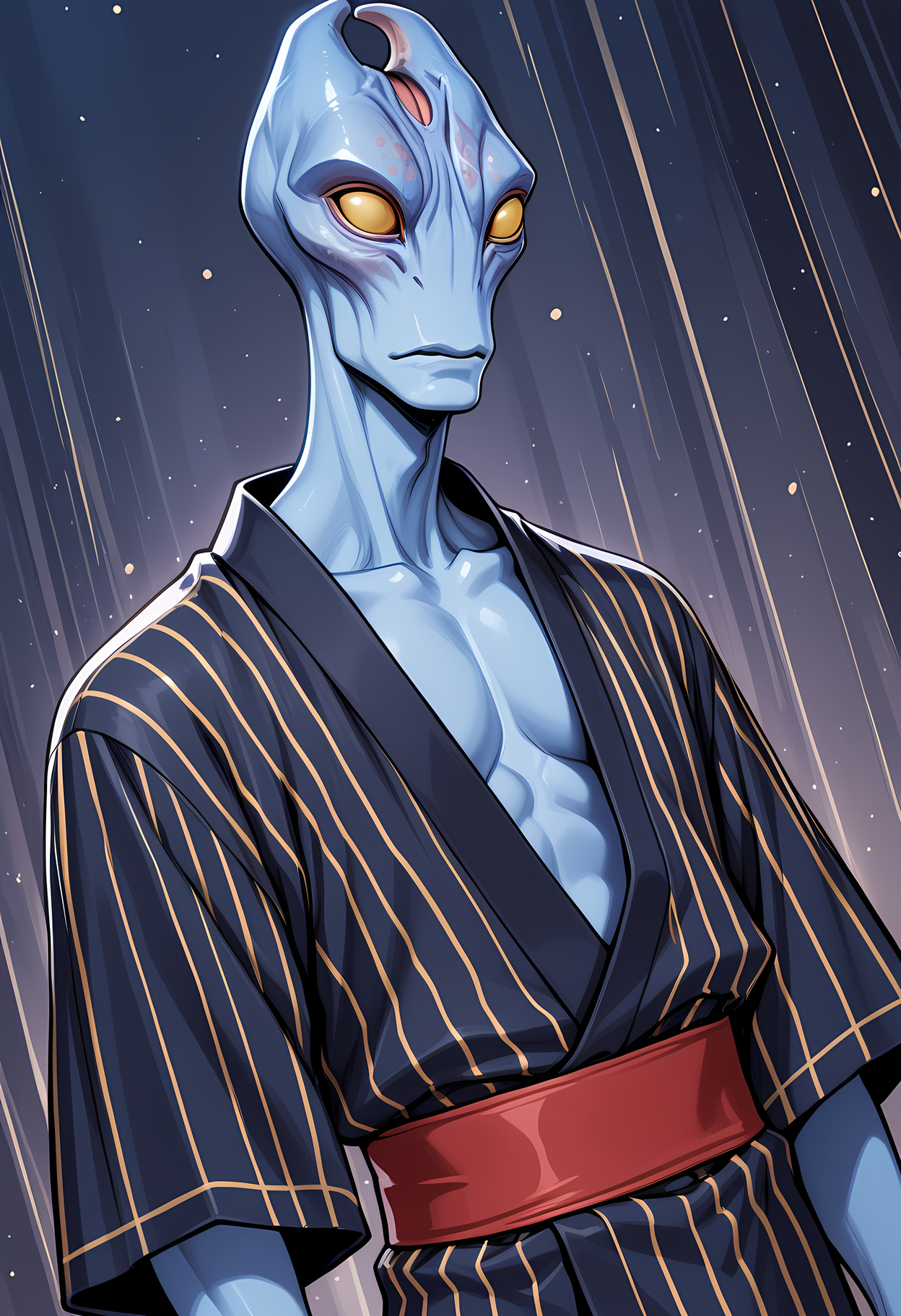 masterpiece, best quality, amazing quality, dutch angle, abstract background, BREAK
solo, male focus, 1boy, me_salarian, alien, blue skin, yellow eyes, blank eyes, yukata, japanese clothing, BREAK
 <lora:cfg_scale_boost:.6> <lora:Salarians_-_Mass_Effect_-_ILXL:1>