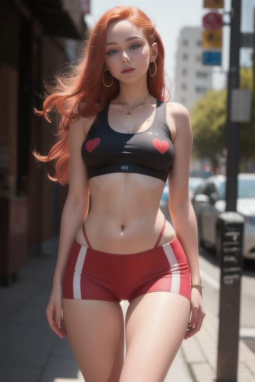 Super sexy cyberpunk Mariia, wearing short hotpants, ((pink crop top with breasts visible from below:1) tanktop with visible neckline and breasts with (marked nipples on clothes:1.5)), (very long red hair:1.2), photorealistc, photography, (high resolution), (photorealistic:1.4), (extremely intricate), (exquisitely detailed), highly detailed, highres, original, extremely detailed 8K wallpaper, best quality, detailed face, ultra-detailed, raw photo, realistic, (thigh gap:1.5),  (cameltoe)