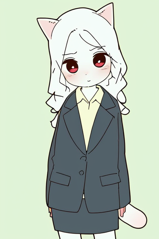 by yagi the goat,White cat girl,big eyes,long hair,Short stature,Skinny body,solo,Short stature,Skinny body,score_9,score_8_up,score_7_up,(cute expression, cute face:1.1),simple background,looking at viewer,blush,early teen,flat chest,<lora:Yagi_the_Goat_ai:1>,skirt,Cat tail,business_suit,