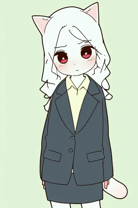 by yagi the goat,White cat girl,big eyes,long hair,Short stature,Skinny body,solo,Short stature,Skinny body,score_9,score_8_up,score_7_up,(cute expression, cute face:1.1),simple background,looking at viewer,blush,early teen,flat chest,<lora:Yagi_the_Goat_ai:1>,skirt,Cat tail,business_suit,
