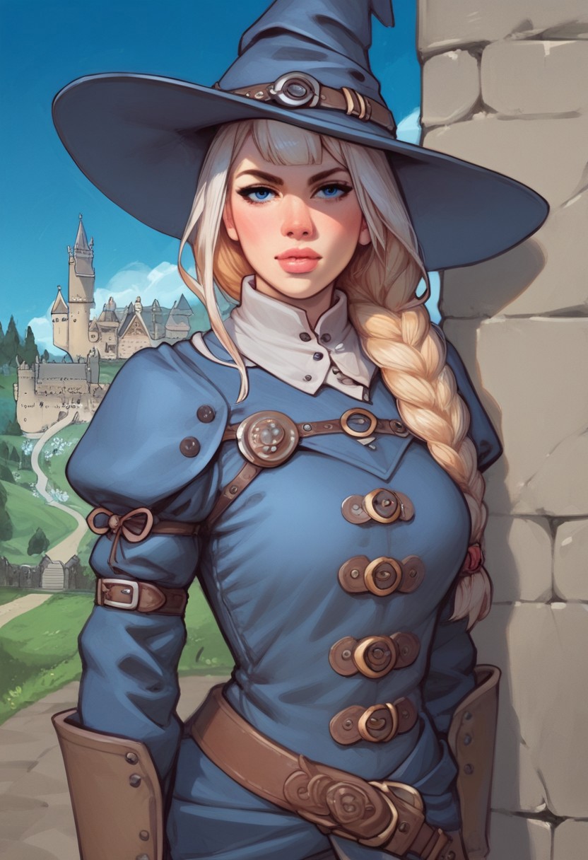 young woman, solo, Looking at viewer, Masterpiece a stunning female witch, ((full clothed witch outfit with armor, witch hat)), Blue eyes, long bob white hair with bangs, Dynamic action pose,
(Holding a huge sword:1.5)
Background: (Medieval castle, night sky: 1.9)
score_9, score_8_up, score_7_up, score_6_up, source_cartoon, rating_explicit, Expressiveh, (((((upper body))))), dynamic pose
 <lora:Dynamic Poses:1>
 <lora:detailed_notrigger:1>
(((full clothed)))
score_9, score_8_up, score_7_up, score_6_up, source_cartoon, rating_explicit, Expressiveh, (((((upper body, action pose))))), dynamic pose