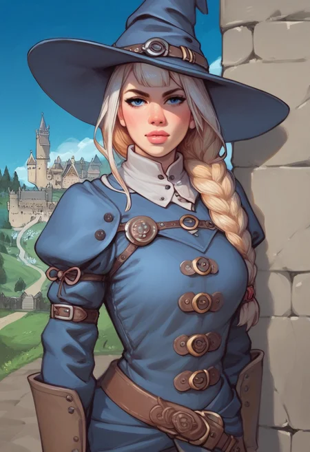 young woman, solo, Looking at viewer, Masterpiece a stunning female witch, ((full clothed witch outfit with armor, witch hat)), Blue eyes, long bob white hair with bangs, Dynamic action pose,
(Holding a huge sword:1.5)
Background: (Medieval castle, night sky: 1.9)
score_9, score_8_up, score_7_up, score_6_up, source_cartoon, rating_explicit, Expressiveh, (((((upper body))))), dynamic pose
<lora:Dynamic Poses:1>
<lora:detailed_notrigger:1>
(((full clothed)))
score_9, score_8_up, score_7_up, score_6_up, source_cartoon, rating_explicit, Expressiveh, (((((upper body, action pose))))), dynamic pose