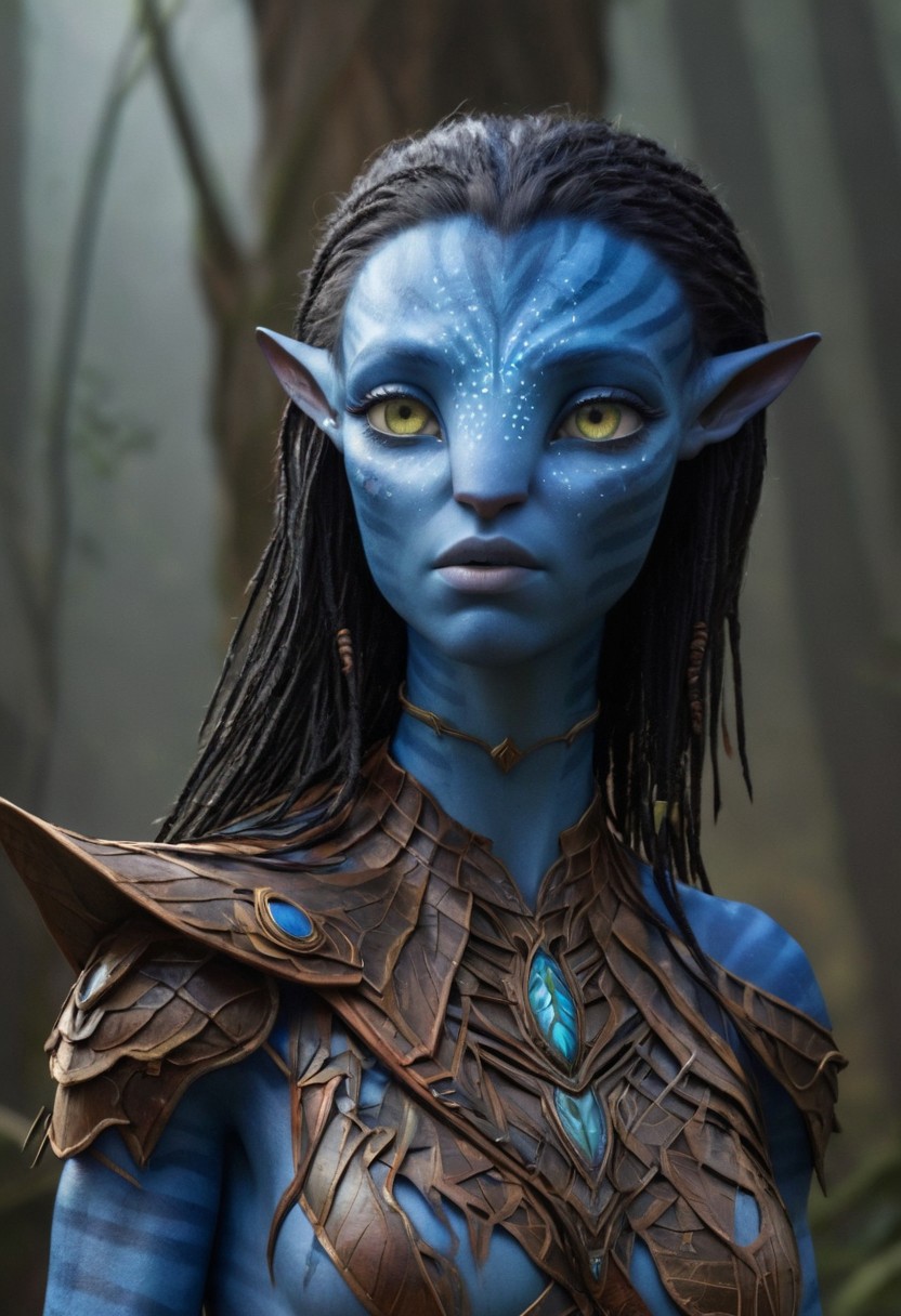 female Avatar navi alien with blue skin, dynamic, moody, shadows, dark, sinister, highly detailed, natural bark armor breastplate, digital painting, artstation, concept art, smooth, sharp focus