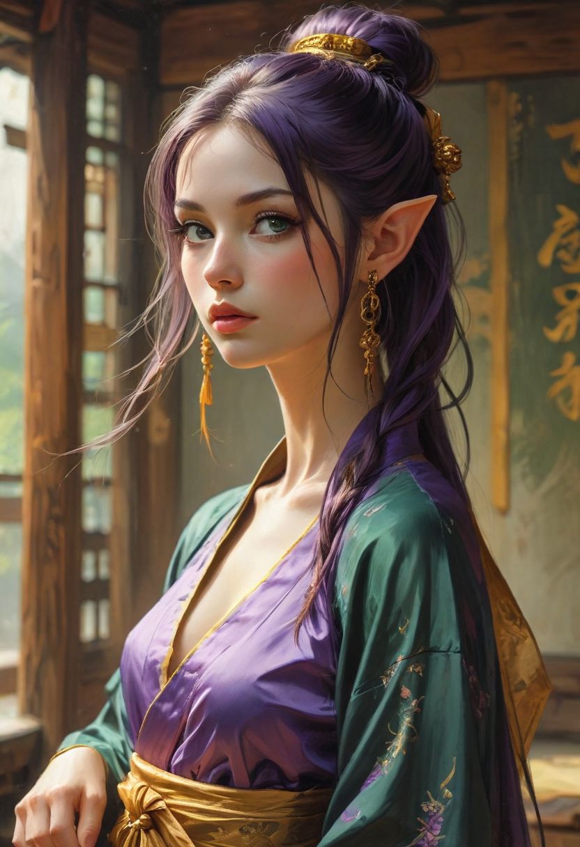 Elf Martialists, (very long ears,:1.2) very long pony tail, style of Karol Bak, Adam Hughes, Boris Vallejo, Julie Bell, Norman Rockwell, 
{
1woman,
25 year old, 
Vanellope
(Pointy Ears:1.3),
Purple hair,
(Green eyes,:1.3)
Makeup,
Big Round Eyes,
Fake Eyelashes,
fleshy big lips,
}
(ponytail:1.2), (Very long ponytail:1.1), flat chest, very small breasts,  small waist, small ass, small hips, thin legs(skinny:1.1), (long legs,:1.1) (slender body:1.1), 
(japanese dojo, Buddhist temple, shinto shrine, interior background:1.1)
shaolin clothes, purple clothes, loose silk robes, wide sleeves, tied at waste, side split, gold trim