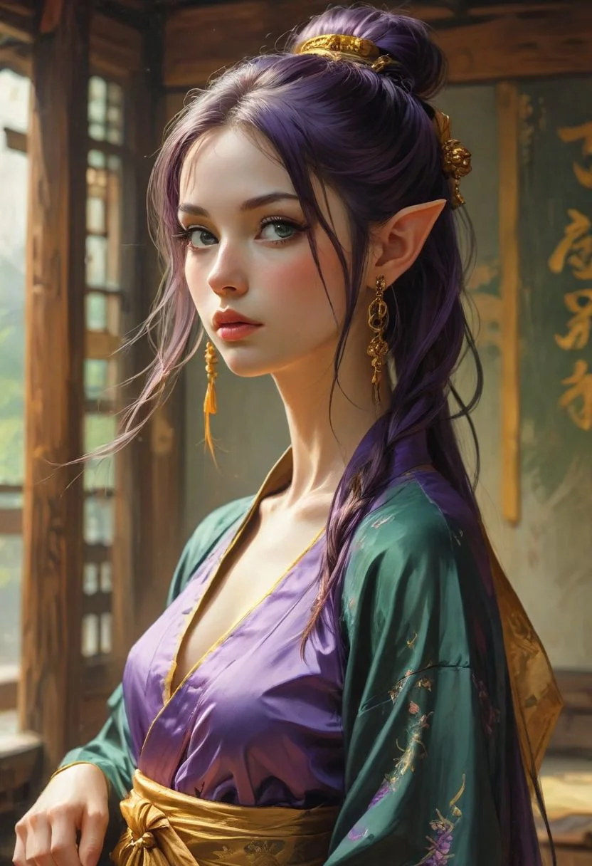 Elf Martialists, (very long ears,:1.2) very long pony tail, style of Karol Bak, Adam Hughes, Boris Vallejo, Julie Bell, Norman Rockwell,
{
1woman,
25 year old,
Vanellope
(Pointy Ears:1.3),
Purple hair,
(Green eyes,:1.3)
Makeup,
Big Round Eyes,
Fake Eyelashes,
fleshy big lips,
}
(ponytail:1.2), (Very long ponytail:1.1), flat chest, very small breasts, small waist, small ass, small hips, thin legs(skinny:1.1), (long legs,:1.1) (slender body:1.1),
(japanese dojo, Buddhist temple, shinto shrine, interior background:1.1)
shaolin clothes, purple clothes, loose silk robes, wide sleeves, tied at waste, side split, gold trim
