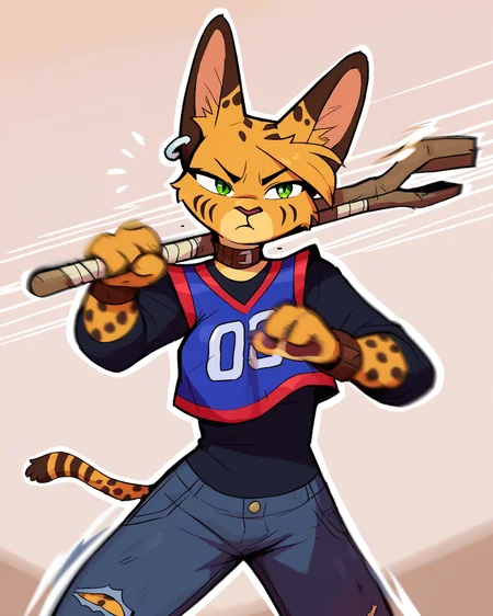 score_9_up, score_8_up, score_7_up, score_6_up, by remanedur, half-length portrait, medium breasts, brown choker, serval, green eyes, female, tail, 4 fingers, holding object, holding weapon, bo staff, holding melee weapon, motion blur, motion lines, narrowed eyes, jersey, ear piercing, brown bracelet, bracelet, collar, denim bottomwear, denim jeans, ripped jeans, brown ears, brown spots, facial markings, topwear, tail, solo, action pose, three-quarter view, head tilt, simple background, white outline, <lora:Leah_Pines(AIM)_XL_v1:0.15> <lora:PDXL_artist_tags_v2_big:0.5> <lora:The-Minuscule-Task_PDXL_v1.0:0.6> <lora:Pepper_Paminta_Ruffu:0.65>